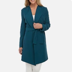 Joan Vass Teal Trench Coat Jacket Sz XL Drape Open Front Tie Belt Unlined